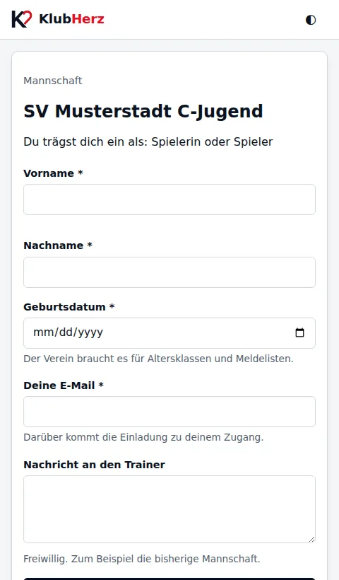 Das Beitrittsformular, wie es ein Spieler sieht